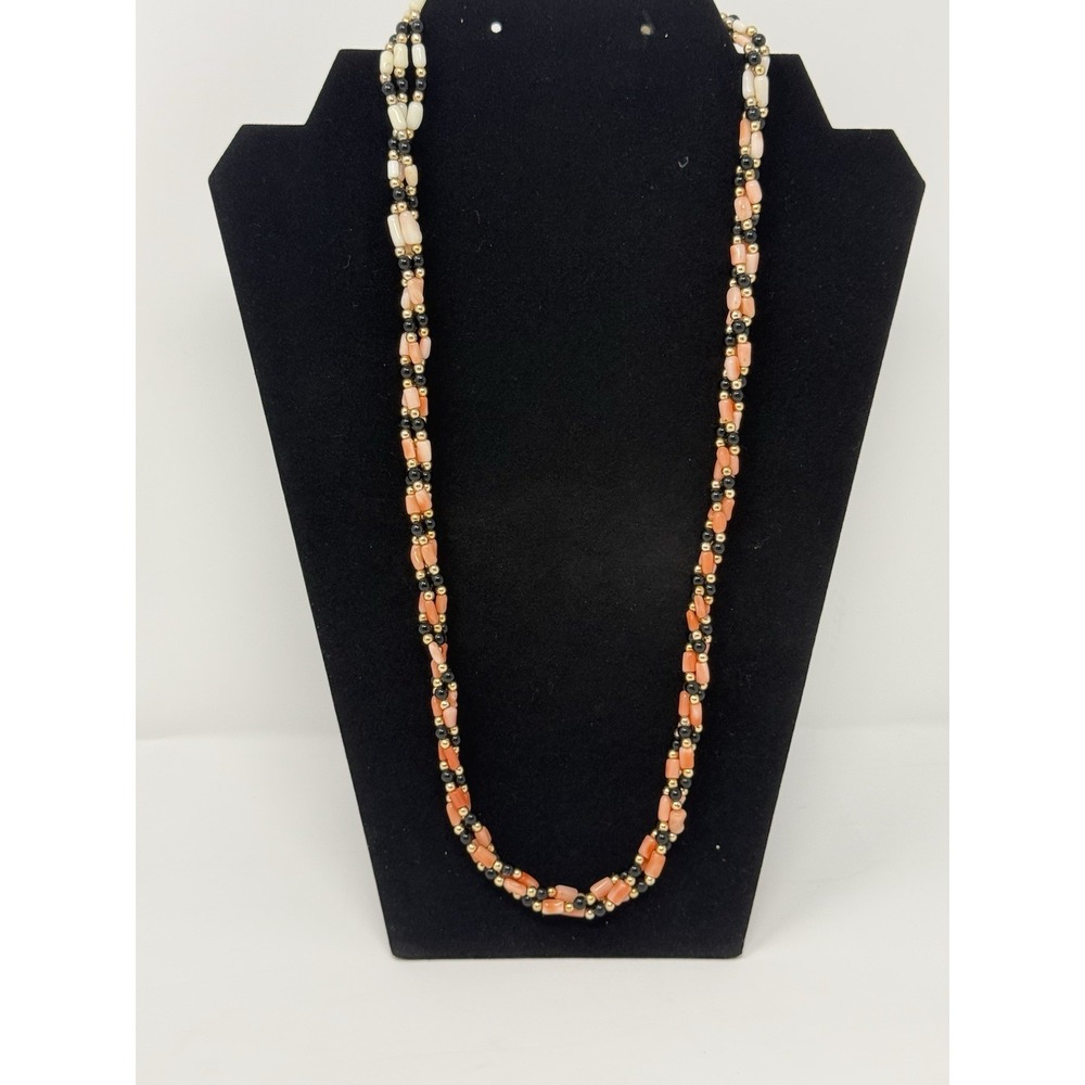 Vintage Ombré Coral Black White Twisted Beaded Necklace, GSilver Clasp 24"
